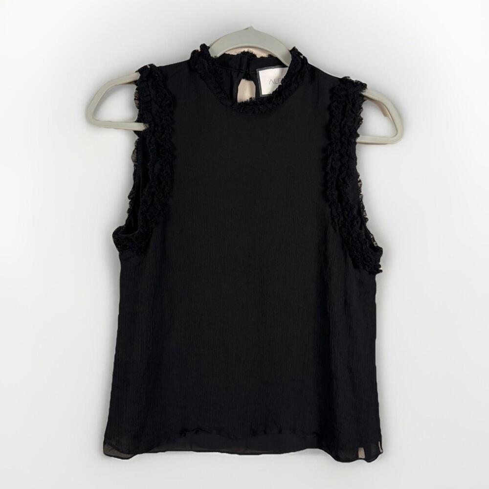 ALEXIS Black Ruffle Sleeveless High Neck Blouse 100% Silk Size M